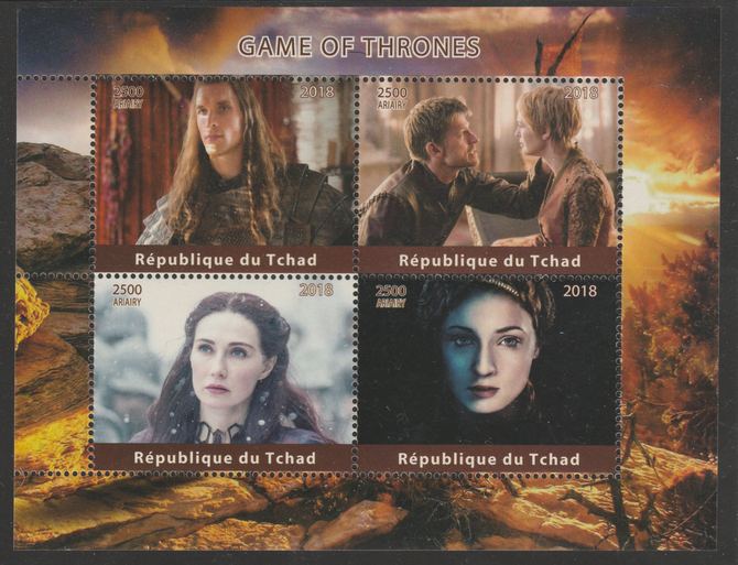 Chad 2018 Game of Thrones perf sheetlet containing 4 values unmounted mint. Note this item is privately produced and is offered purely on its thematic appeal, it has no postal validity, stamps on films, stamps on movies, stamps on cinema
