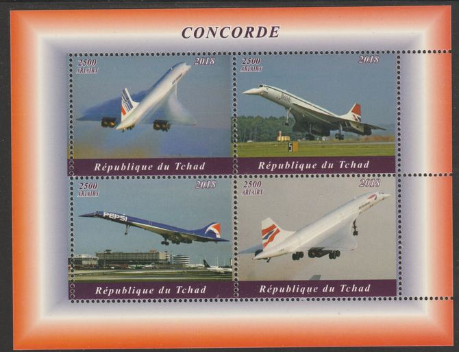 Chad 2018 Concorde perf sheetlet containing 4 values unmounted mint. Note this item is privately produced and is offered purely on its thematic appeal, it has no postal validity, stamps on aviation, stamps on concorde