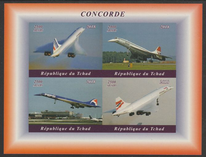 Chad 2018 Concorde imperf sheetlet containing 4 values unmounted mint. Note this item is privately produced and is offered purely on its thematic appeal, it has no postal..., stamps on aviation, stamps on concorde