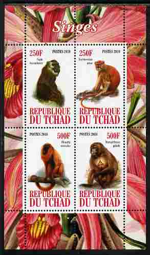 Chad 2010 Monkeys perf sheetlet containing 4 values unmounted mint, stamps on , stamps on  stamps on animals, stamps on  stamps on apes, stamps on  stamps on monkeys