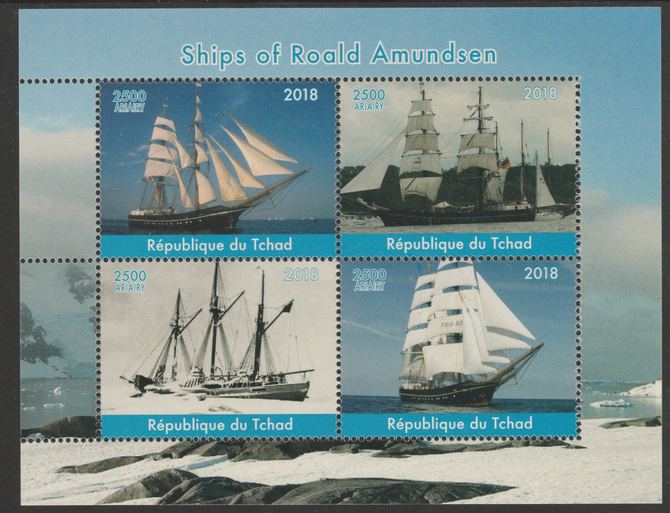 Chad 2018 Ships of Roald Amundsen perf sheetlet containing 4 values unmounted mint. Note this item is privately produced and is offered purely on its thematic appeal, it has no postal validity, stamps on ships, stamps on explorers, stamps on amundsen
