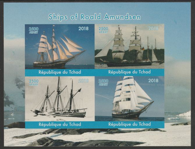 Chad 2018 Ships of Roald Amundsen imperf sheetlet containing 4 values unmounted mint. Note this item is privately produced and is offered purely on its thematic appeal, it has no postal validity, stamps on ships, stamps on explorers, stamps on amundsen
