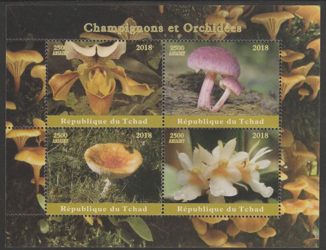 Chad 2018 Orchids & Mushrooms perf sheetlet containing 4 values unmounted mint. Note this item is privately produced and is offered purely on its thematic appeal, it has no postal validity, stamps on , stamps on  stamps on flowers, stamps on  stamps on orchids, stamps on  stamps on fungi