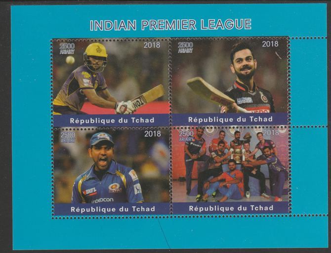 Chad 2018 Cricket - Indian Premier League perf sheetlet containing 4 values unmounted mint. Note this item is privately produced and is offered purely on its thematic app..., stamps on sports, stamps on cricket