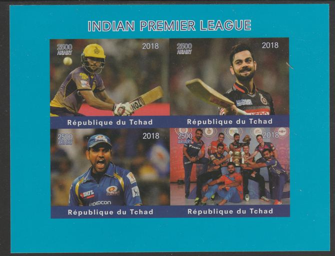 Chad 2018 Cricket - Indian Premier League imperf sheetlet containing 4 values unmounted mint. Note this item is privately produced and is offered purely on its thematic a..., stamps on sports, stamps on cricket