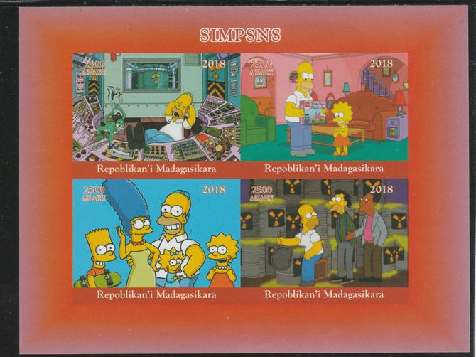 Madagascar 2018 The Simpsons imperf sheetlet containing 4 values unmounted mint. Note this item is privately produced and is offered purely on its thematic appeal., stamps on fulms, stamps on  tv , stamps on  cinema, stamps on movis, stamps on cartoons