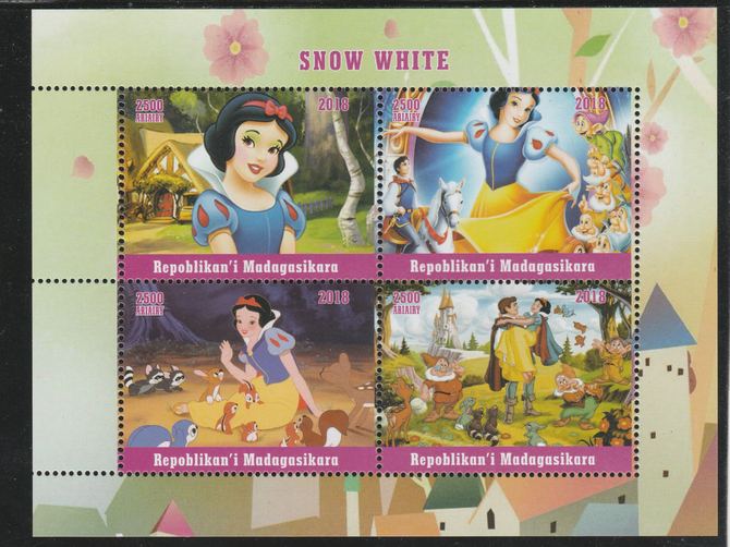 Madagascar 2018 Snow White perf sheetlet containing 4 values unmounted mint. Note this item is privately produced and is offered purely on its thematic appeal., stamps on fulms, stamps on , stamps on  cinema, stamps on movis, stamps on cartoons, stamps on disney