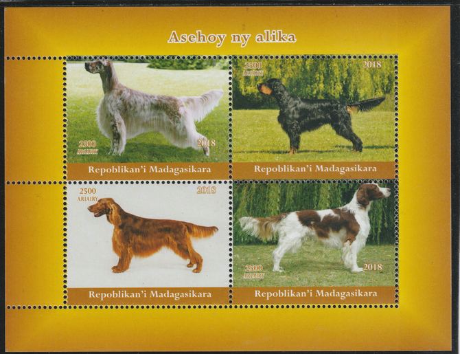 Madagascar 2018 Dogs perf sheetlet containing 4 values unmounted mint. Note this item is privately produced and is offered purely on its thematic appeal., stamps on animals, stamps on dogs