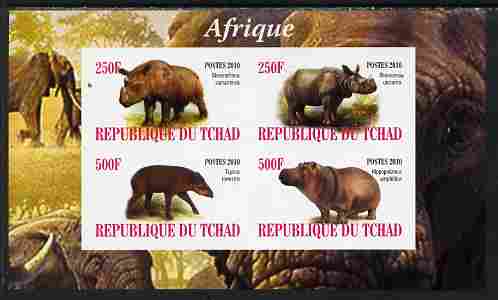 Chad 2010 African Fauna #1 imperf sheetlet containing 4 values unmounted mint, stamps on animals, stamps on hippos, stamps on elephants