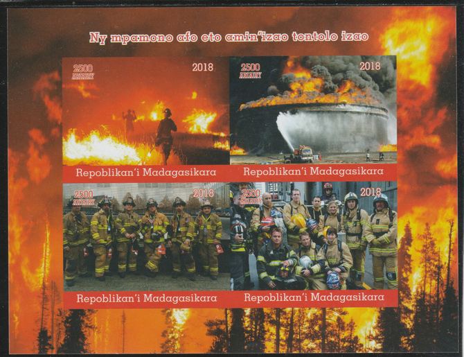 Madagascar 2018 Fire Fighters imperf sheetlet containing 4 values unmounted mint. Note this item is privately produced and is offered purely on its thematic appeal., stamps on fire