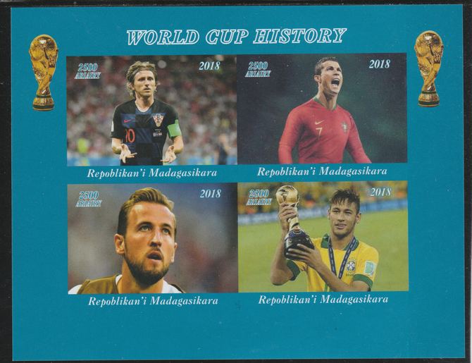 Madagascar 2018 Football - World Cup History imperf sheetlet containing 4 values unmounted mint. Note this item is privately produced and is offered purely on its thematic appeal., stamps on football