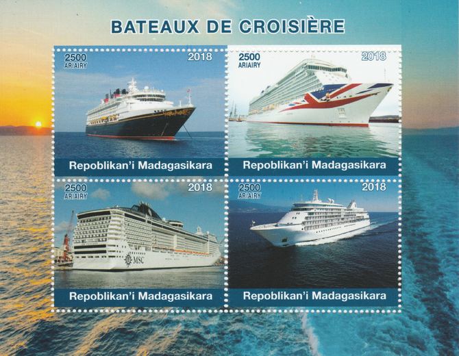 Madagascar 2018 Cruise Ships perf sheetlet containing 4 values unmounted mint. Note this item is privately produced and is offered purely on its thematic appeal., stamps on ships, stamps on 