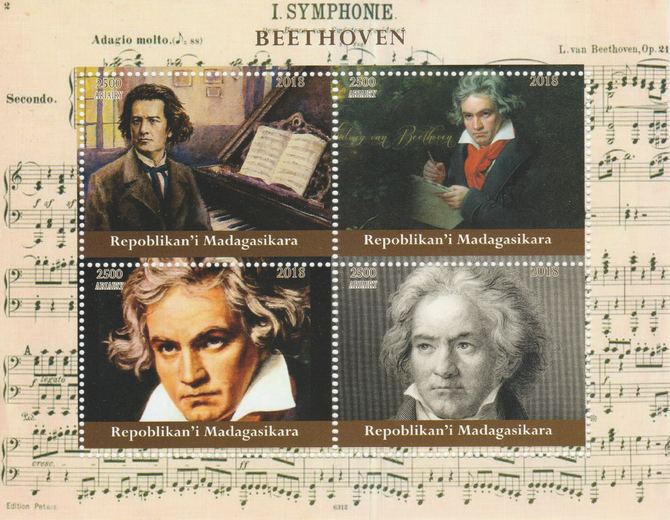 Madagascar 2018 Beethoven perf sheetlet containing 4 values unmounted mint. Note this item is privately produced and is offered purely on its thematic appeal., stamps on music, stamps on composers, stamps on beethoven
