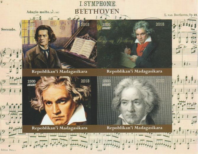Madagascar 2018 Beethoven imperf sheetlet containing 4 values unmounted mint. Note this item is privately produced and is offered purely on its thematic appeal., stamps on music, stamps on composers, stamps on beethoven