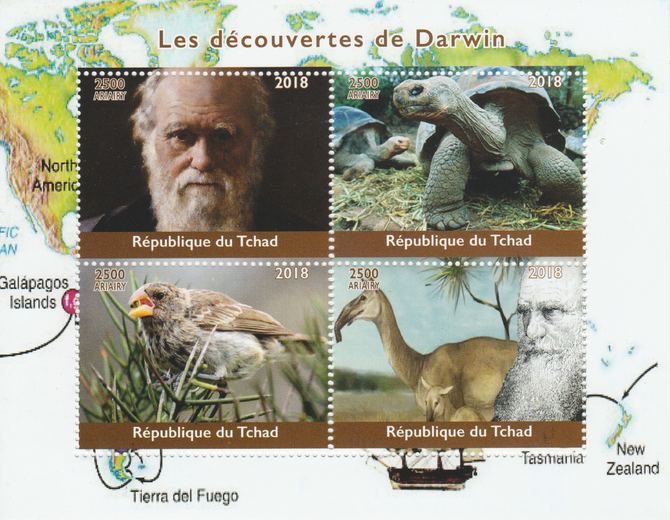 Madagascar 2018 Charles Darwin perf sheetlet containing 4 values unmounted mint. Note this item is privately produced and is offered purely on its thematic appeal., stamps on personalities, stamps on darwin, stamps on animals, stamps on birds, stamps on reptiles
