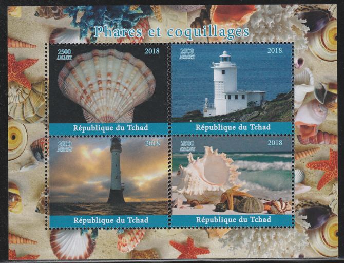 Chad 2018 Shells & Lighthouses perf sheetlet containing 4 values unmounted mint. Note this item is privately produced and is offered purely on its thematic appeal., stamps on shells, stamps on marine life, stamps on lighthouses