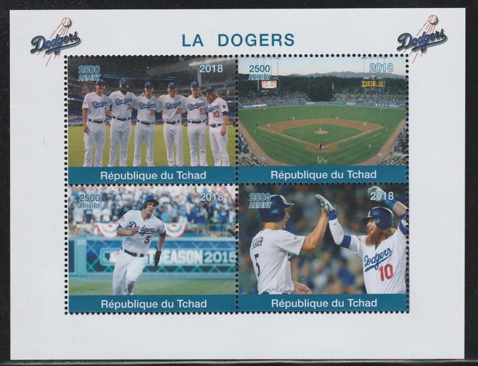 Chad 2018 The Dodgers (Baseball) perf sheetlet containing 4 values unmounted mint. Note this item is privately produced and is offered purely on its thematic appeal., stamps on baseball, stamps on dodgers