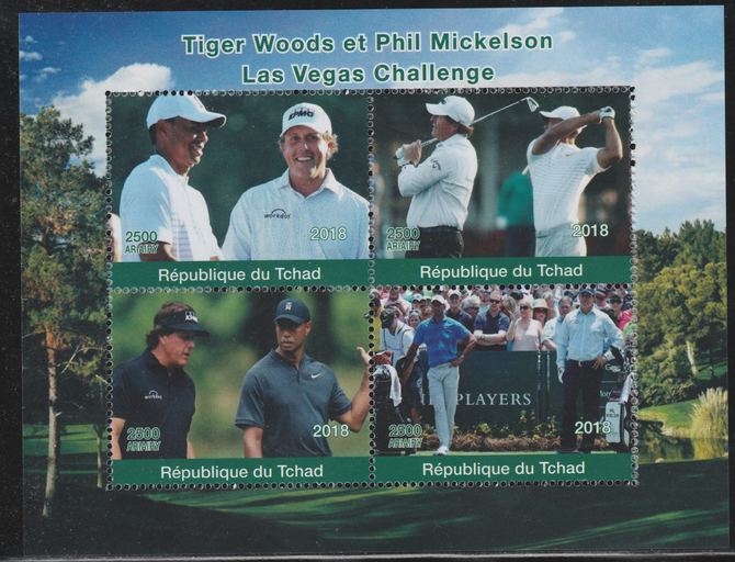 Chad 2018 Tiger Woods & Phil Mickelson (golf) perf sheetlet containing 4 values unmounted mint. Note this item is privately produced and is offered purely on its thematic appeal., stamps on golf
