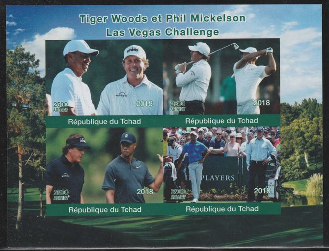 Chad 2018 Tiger Woods & Phil Mickelson (golf) imperf sheetlet containing 4 values unmounted mint. Note this item is privately produced and is offered purely on its thematic appeal., stamps on golf