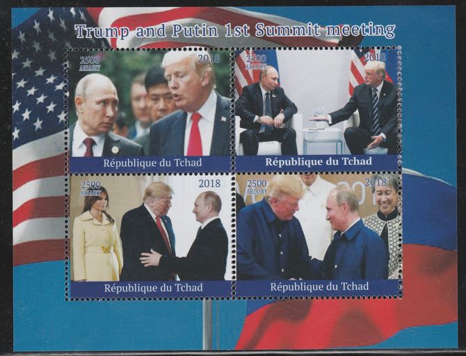 Chad 2018 Trump & Putin Summit perf sheetlet containing 4 values unmounted mint. Note this item is privately produced and is offered purely on its thematic appeal., stamps on , stamps on  stamps on trump, stamps on  stamps on usa presidents, stamps on  stamps on americana