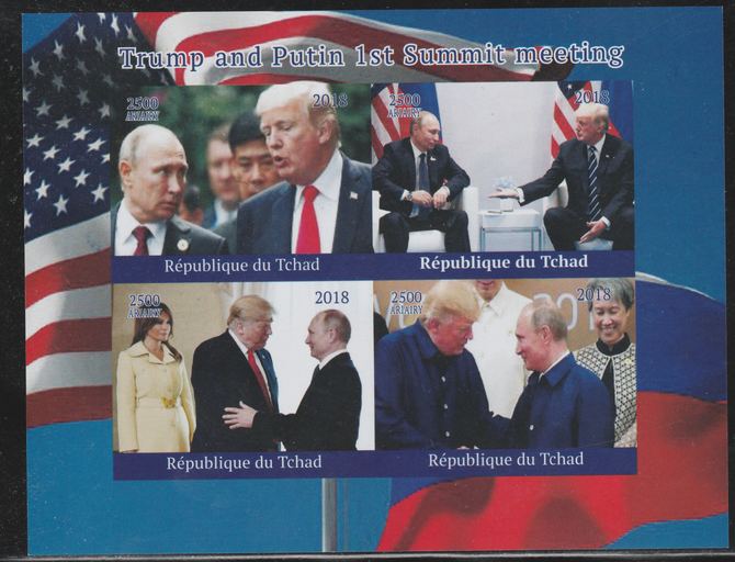 Chad 2018 Trump & Putin Summit imperf sheetlet containing 4 values unmounted mint. Note this item is privately produced and is offered purely on its thematic appeal., stamps on trump, stamps on usa presidents, stamps on americana