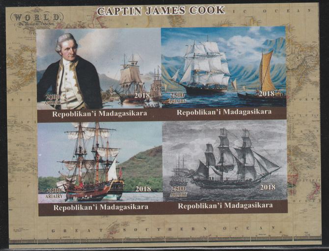 Madagascar 2018 Captain Cook imperf sheetlet containing 4 values unmounted mint. Note this item is privately produced and is offered purely on its thematic appeal., stamps on cook, stamps on explorers, stamps on ships