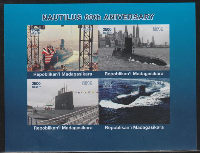 Madagascar 2018 Nautilus 60th Anniversary imperf sheetlet containing 4 values unmounted mint. Note this item is privately produced and is offered purely on its thematic a..., stamps on submarines, stamps on ships, stamps on nautilus