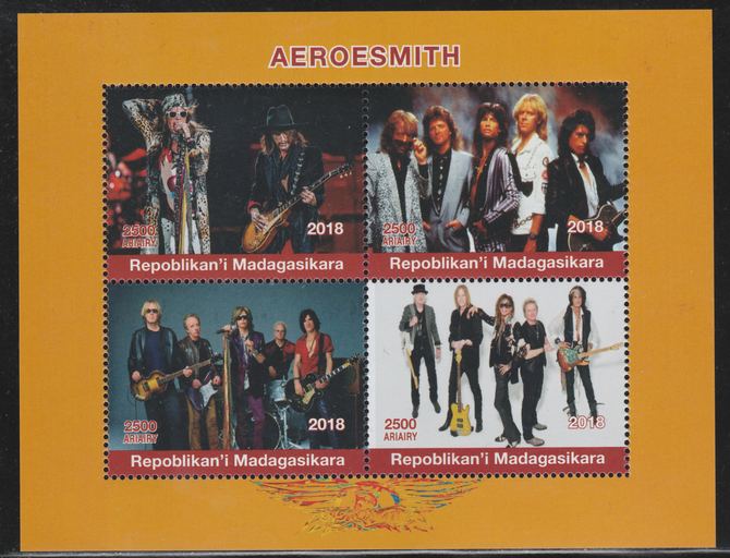 Madagascar 2018 Aeroesmith perf sheetlet containing 4 values unmounted mint. Note this item is privately produced and is offered purely on its thematic appeal., stamps on , stamps on  stamps on music, stamps on  stamps on pops, stamps on  stamps on rock, stamps on  stamps on aeroesmith