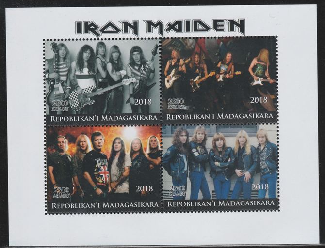 Madagascar 2018 Iron Maiden perf sheetlet containing 4 values unmounted mint. Note this item is privately produced and is offered purely on its thematic appeal., stamps on music, stamps on pops, stamps on rock, stamps on iron maiden