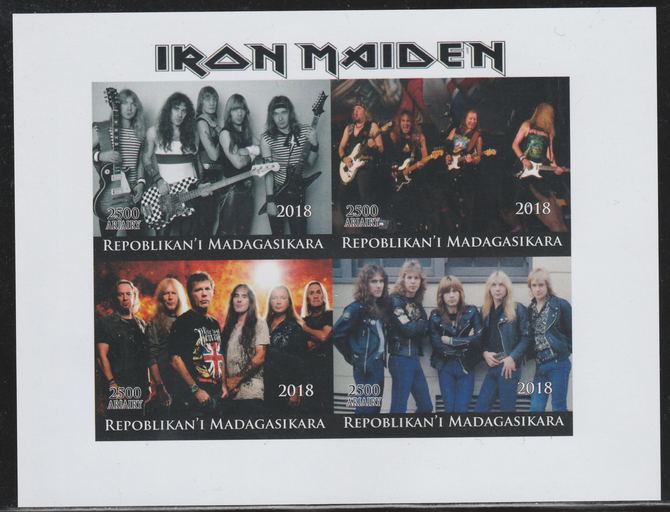 Madagascar 2018 Iron Maiden imperf sheetlet containing 4 values unmounted mint. Note this item is privately produced and is offered purely on its thematic appeal., stamps on , stamps on  stamps on music, stamps on  stamps on pops, stamps on  stamps on rock, stamps on  stamps on iron maiden