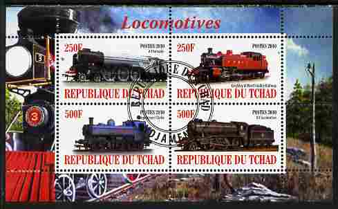 Chad 2010 Steam Locomotives perf sheetlet containing 4 values fine cto used, stamps on , stamps on  stamps on railways