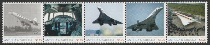 Antigua & Barbuda unissued Concorde perforated strip of 5 essays produced on official blank stamp paper unmounted mint, apparently no more than 15 strips exist. Slight offset on gummed side, stamps on aviation, stamps on concorde