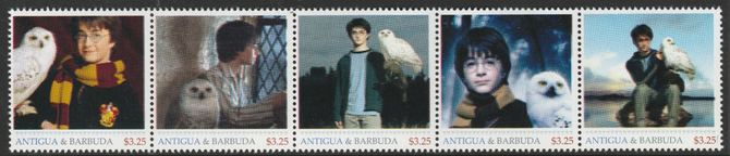Antigua & Barbuda unissued Harry Potter perforated strip of 5 essays produced on official blank stamp paper unmounted mint, apparently no more than 15 strips exist. Slight offset on gummed side, stamps on films, stamps on movies, stamps on cinema, stamps on harry potter