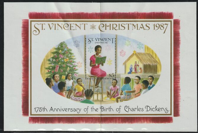St Vincent 1987 Christmas (Charles Dickens) m/sheet (Teacher reading to Class) $5 stamp perf on 3 sides only (imperf at top) unmounted mint but creased.  (ex Format archives), stamps on literature, stamps on personalities, stamps on christmas, stamps on education, stamps on dickens