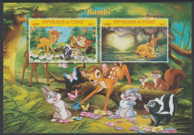 Chad 2016 Disney's Bambi perf sheetlet containing 2 values unmounted mint.  Note this item is privately produced and is offered purely on its thematic appeal, stamps on films, stamps on movies, stamps on  spy , stamps on cinema, stamps on disney