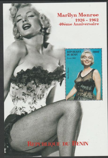 Benin 2002 Marilyn Monroe perf s/sheet containing 1 value unmounted mint. Note this item is privately produced and is offered purely on its thematic appeal, it has no pos..., stamps on cars, stamps on  f1 , stamps on 