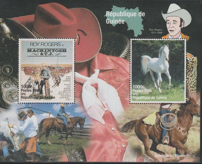 Guinea - Conakry 1998 Roy Rogers perf sheetlet containing 2 values unmounted mint. Note this item is privately produced and is offered purely on its thematic appeal, it has no postal validity, stamps on films, stamps on movies, stamps on cinema, stamps on wild west, stamps on horses