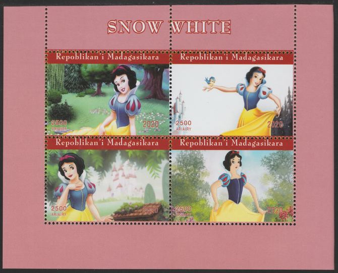Madagascar 2020 Snow White perf sheetlet containing 4 values unmounted mint, stamps on snow white, stamps on cartoons, stamps on disney