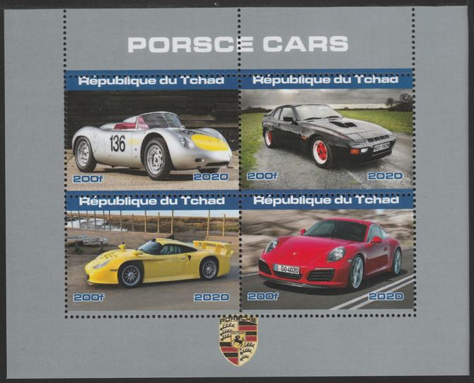 Chad 2020 Porsche Cars perf sheetlet containing 4 values unmounted mint, stamps on porsche, stamps on cars