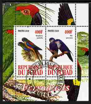 Chad 2010 Parrots #1 perf sheetlet containing 2 values fine cto used, stamps on birds, stamps on parrots