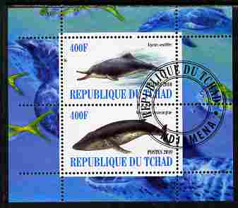 Chad 2010 Whales & Dolphins perf sheetlet containing 2 values fine cto used, stamps on animals, stamps on marine life, stamps on whales, stamps on dolphins