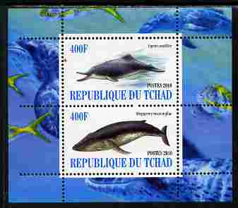 Chad 2010 Whales & Dolphins perf sheetlet containing 2 values unmounted mint, stamps on animals, stamps on marine life, stamps on whales, stamps on dolphins