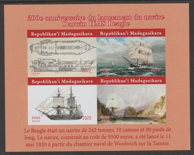 Madagascar 2020 Darwin & HMS Beagle imperf sheetlet containing 4 values unmounted mint, stamps on ships, stamps on explorers, stamps on darwin, stamps on beagle, stamps on 