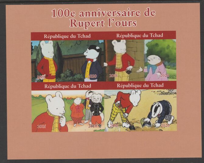 Chad 2020 100th Anniversary of Rupert the Bear imperf sheetlet containing 4 values unmounted mint, stamps on fairy tales, stamps on children