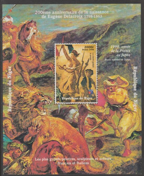 Niger Republic 1998 Birth Anniv of Eugene Delacroix perf s/sheet with Philex 99  imprint unmounted mint. Note this item is privately produced and is offered purely on its thematic appeal, stamps on arts, stamps on delacroix, stamps on stamp exhibitions