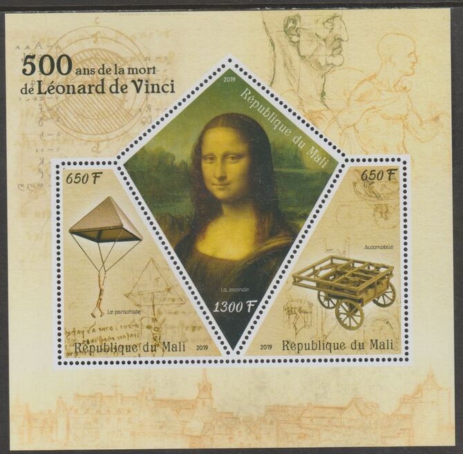 Mali 2019 Leonardo da Vinci 500th Death Anniversary perf sheet containing three shaped values unmounted mint, stamps on shaped, stamps on personalities, stamps on leonardo da vinci, stamps on 