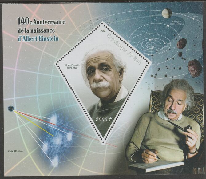 Mali 2019 Albert Einstein Â§40th Birth Anniversary perf deluxe sheet containing one diamond shaped value unmounted mint, stamps on shaped, stamps on personalities, stamps on einstein, stamps on science, stamps on physics, stamps on , stamps on nobel, stamps on smoking