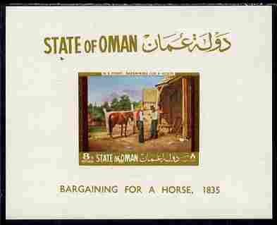Oman 1968 Paintings of Horses - Bargaining for a Horse by W S Mount 8b imperf individual deluxe sheet unmounted mint, stamps on , stamps on  stamps on arts, stamps on  stamps on animals, stamps on  stamps on horses
