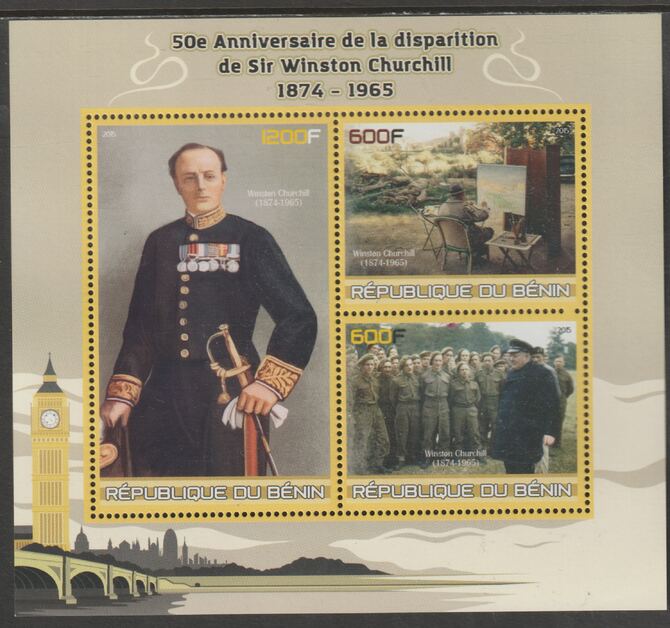 Benin 2015 Winston Churchill 50th Death Anniversary perf sheet containing three values unmounted mint, stamps on , stamps on  stamps on personalities, stamps on  stamps on churchill, stamps on  stamps on  ww2 , stamps on  stamps on 