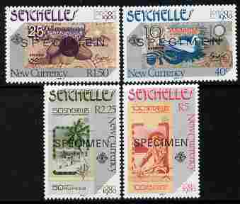 Seychelles 1980 London 1980 Stamp Exhibition - Currency Notes set of 4 each overprinted SPECIMEN unmounted mint SG 468s-71s, stamps on , stamps on  stamps on coins, stamps on  stamps on currency, stamps on  stamps on money, stamps on  stamps on stamp exhibitions